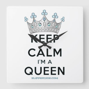 SlipperyJoe's Keep-Calm-Queen polierter Silber-Kra Quadratische Wanduhr