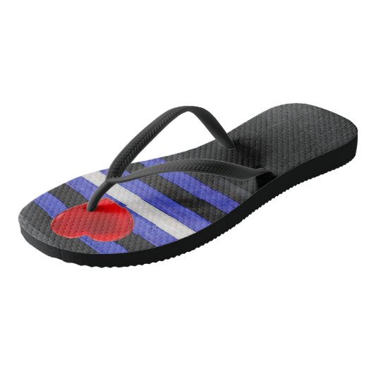 SlipperyJoe's Lederstolperflagge schwarz königsbla Badesandalen (Schrägansicht)