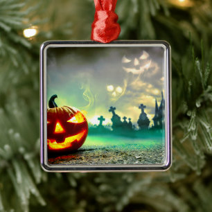 SlipperyJoe's leuchtender Kürbis-Halloween-Wa Ornament Aus Metall