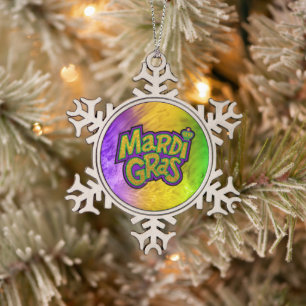 SlipperyJoe's Mardi Gras Festival lila grünes Yel Schneeflocken Zinn-Ornament