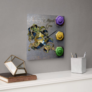 SlipperyJoe's Mardi Gras Mask lila goldgrünes Bl Quadratische Wanduhr