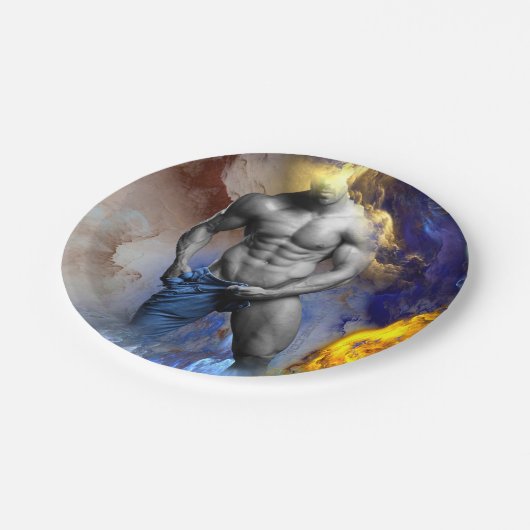 SlipperyJoe's muskulöse Mann-Physik-Dampf-Shirtle Pappteller (Schrägansicht)