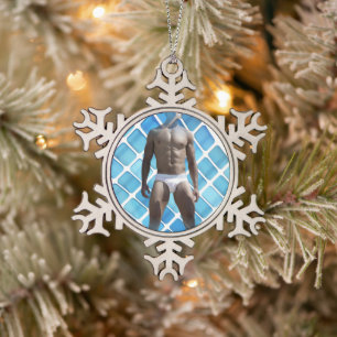 SlipperyJoe's muskulöser Mann Six-Pack Bauch weiße Schneeflocken Zinn-Ornament