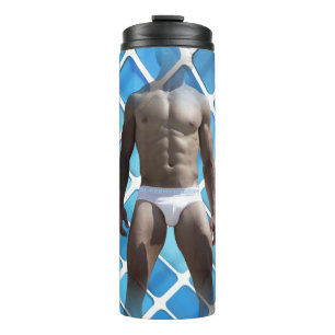 SlipperyJoe's muskulöser Mann Six-Pack Bauch weiße Thermosbecher