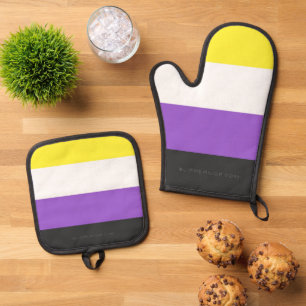 SlipperyJoe's Nonbinary Pride Flag gelb weiß lila Ofenhandschuh & Topflappen-Set