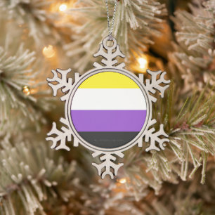 SlipperyJoe's Nonbinary-Stolzflagge gelb weiß lila Schneeflocken Zinn-Ornament