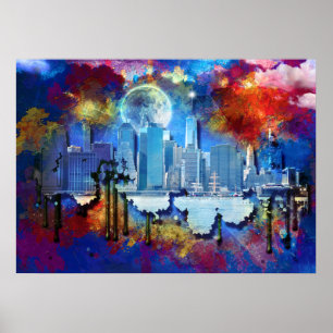 SlipperyJoe's NYC Wolkenkratzer Graffiti Moon buil Poster