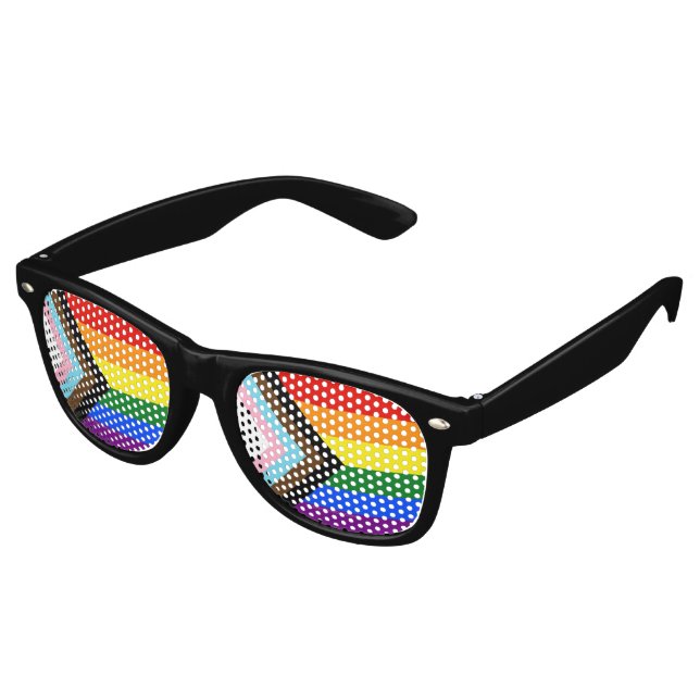 SlipperyJoe's Progress Pride Flag Gay-Geschenke LG Partybrille (Schrägansicht)