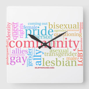 SlipperyJoe's Regenbogen-LGBTQ+-Community-Wortwolk Quadratische Wanduhr