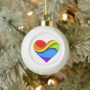 SlipperyJoe's Regenbogen-Schicht-Herzform rot oran Keramik Kugel-Ornament