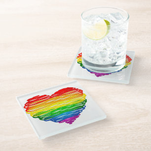 SlipperyJoes regenbogenfarbenes Herz mit kritzelig Glasuntersetzer