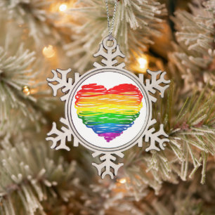 SlipperyJoes regenbogenfarbenes Herz mit kritzelig Schneeflocken Zinn-Ornament