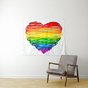 SlipperyJoes regenbogenfarbenes Herz mit kritzelig Wandteppich