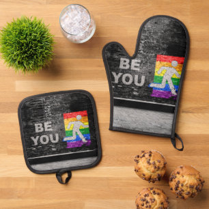 SlipperyJoes Regenbogenstolz-Farben-Panel Stadtbil Ofenhandschuh & Topflappen-Set