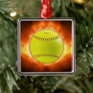 SlipperyJoe's Softball auf Feuer Flammen Feuer Feu Ornament Aus Metall