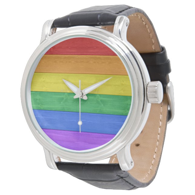 SlipperyJoe's Stolz Holzflagge horizontalen Regenb Armbanduhr (Schrägansicht)
