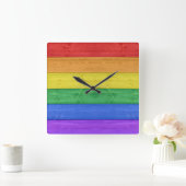 SlipperyJoe's Stolz Holzflagge horizontalen Regenb Quadratische Wanduhr (Zuhause)
