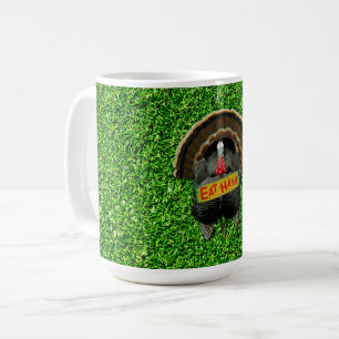 SlipperyJoe's stolzer Truthahn isst Schinken, rote Kaffeetasse