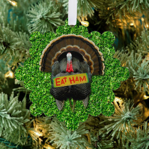 SlipperyJoe's stolzer Truthahn isst Schinken roter Ornament Karte