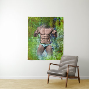 SlipperyJoe's weißer muskulöser sexy Mann Speedo s Wandteppich