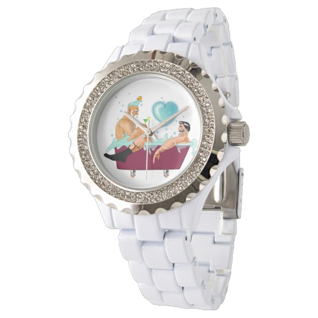 SlipperyJoe's zwei schwule Männer Liebe Cartoon Ba Armbanduhr (Schrägansicht)