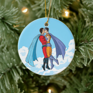 Slipperyjoes zwei Superhelden küssen Charaktere f Keramik Ornament
