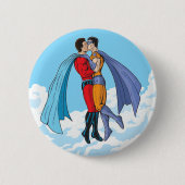 SlipperyJoe's zwei Superhelden küssen Flugwagen Button (Vorderseite)