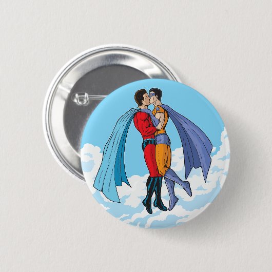 SlipperyJoe's zwei Superhelden küssen Flugwagen Button (Vorne & Hinten)