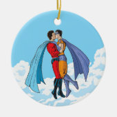 SlipperyJoe's zwei Superhelden küssen Flugwagen Keramik Ornament (Vorne)