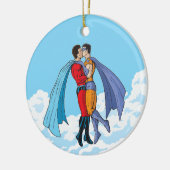 SlipperyJoe's zwei Superhelden küssen Flugwagen Keramik Ornament (Links)