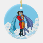 SlipperyJoe's zwei Superhelden küssen Flugwagen Keramik Ornament (Hinten)