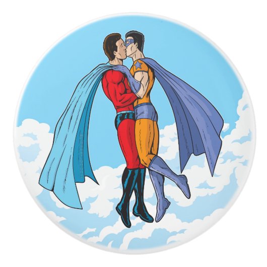 SlipperyJoe's zwei Superhelden küssen Flugwagen Keramikknauf (Vorderseite)