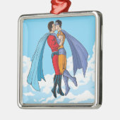 SlipperyJoe's zwei Superhelden küssen Flugwagen Ornament Aus Metall (Links)