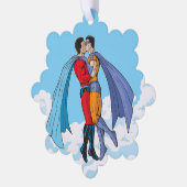 SlipperyJoe's zwei Superhelden küssen Flugwagen Ornament Karte (Linke Ecke)