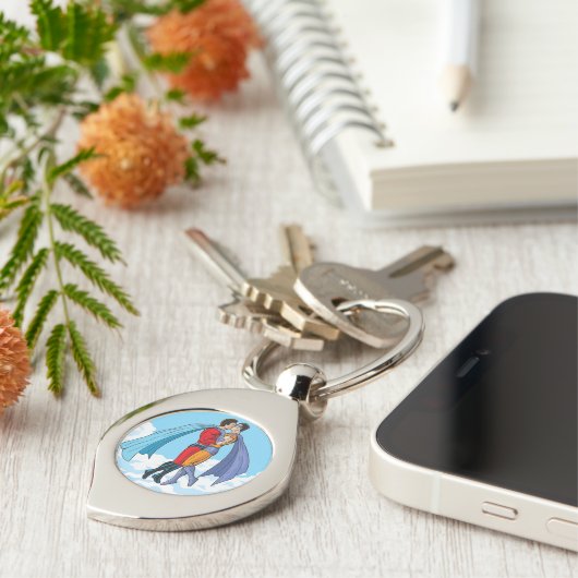 SlipperyJoe's zwei Superhelden küssen Flugwagen Schlüsselanhänger (Seite)