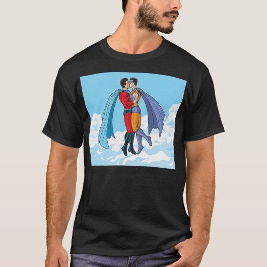 SlipperyJoe's zwei Superhelden küssen Flugwagen T-Shirt (Vorderseite)