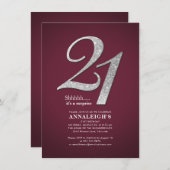 Sliver Glitzer 21. Geburtstag Party Burgund Einladung (Vorne/Hinten)