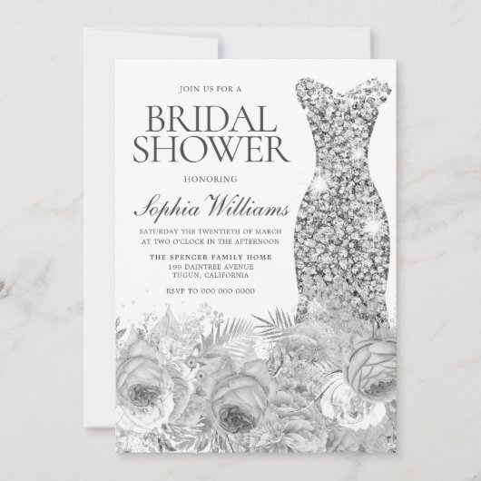Sliver Grau Sparkle Dress & Floral Brautparty Einladung (Vorderseite)