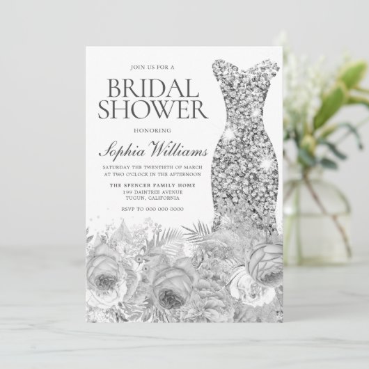 Sliver Grau Sparkle Dress & Floral Brautparty Einladung (Stehend Vorderseite)