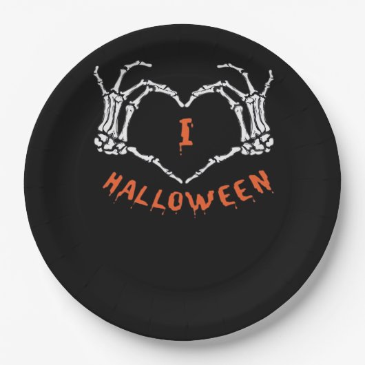 Slogan Halloween. Herzstich aus Skelett Pappteller (Vorderseite)