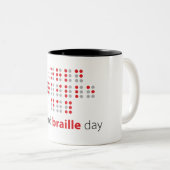 Slogan World braille day. Wereld braille dag. Zweifarbige Tasse (VorderseiteRechts)