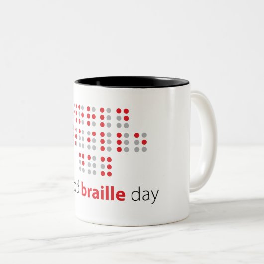 Slogan World braille day. Wereld braille dag. Zweifarbige Tasse (VorderseiteRechts)