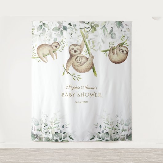 Sloth Airy Greenery Baby Shower Foto Booth Prop Wandteppich (Vorderseite)