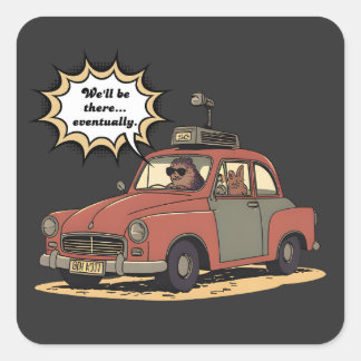 Sloth and Bunny Cartoon Road Trip Adventure Quadratischer Aufkleber