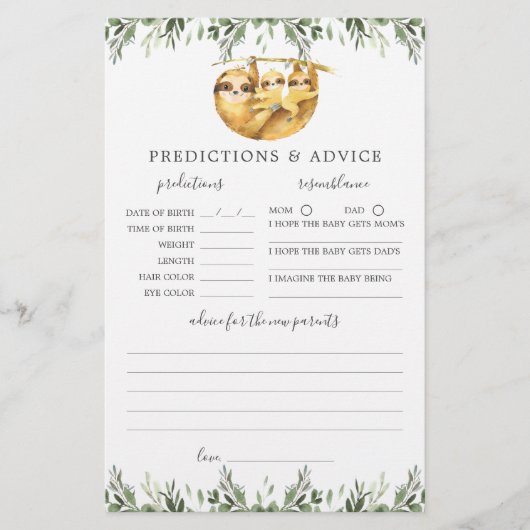 Sloth Animals Baby Shower Vorhersagen und Ratschlä (Vorderseite)