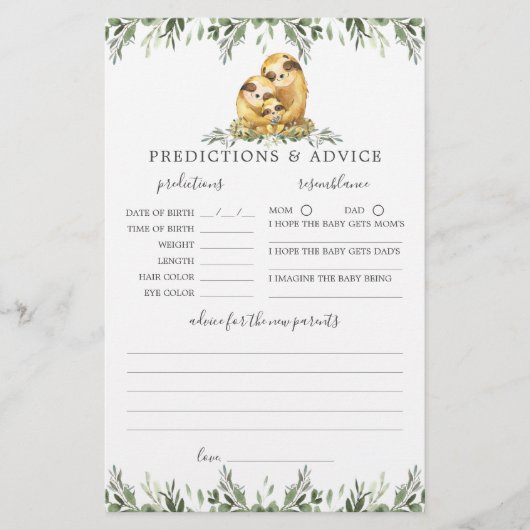 Sloth Animals Baby Shower Vorhersagen und Ratschlä (Vorderseite)