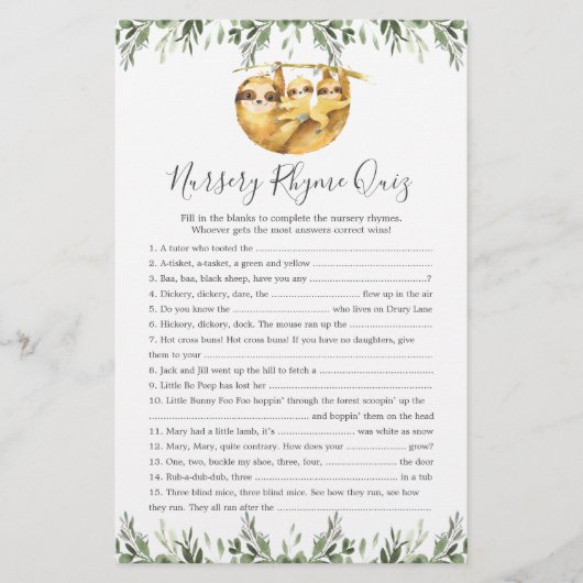 Sloth Animals Baby ShowKinderzimmer Rhyme Quiz Gam (Vorderseite)