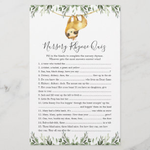 Sloth Animals Baby ShowKinderzimmer Rhyme Quiz Gam