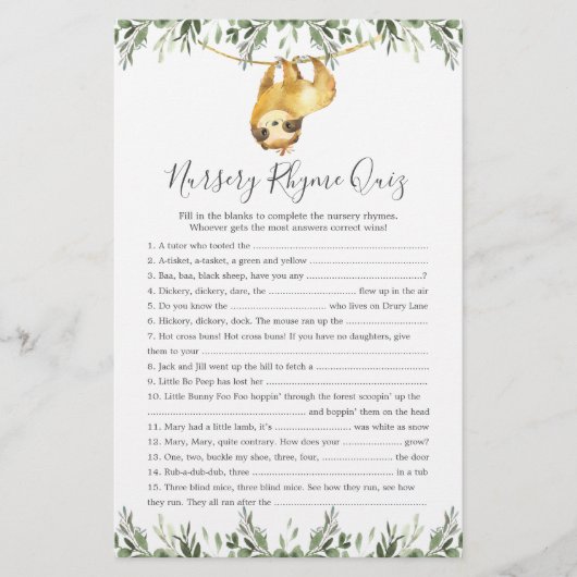 Sloth Animals Baby ShowKinderzimmer Rhyme Quiz Gam (Vorderseite)