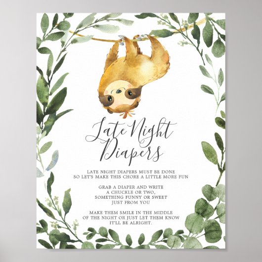 Sloth Baby Dusche Spate Night Diapers signieren Poster (Vorne)